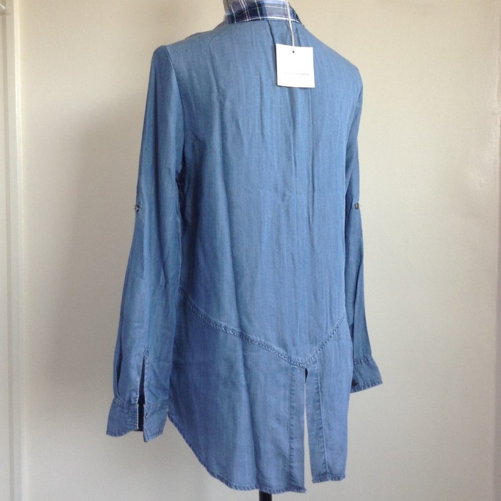 Beach Lunch Lounge Elly Blue Womens XS Plaid Shirt Blouse Button Up Top Chambray